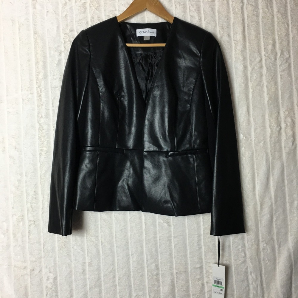 Calvin Klein Open Front Womens Faux Leather Black Jacket Business 8P/8CH/8TP New - Picture 3 of 16